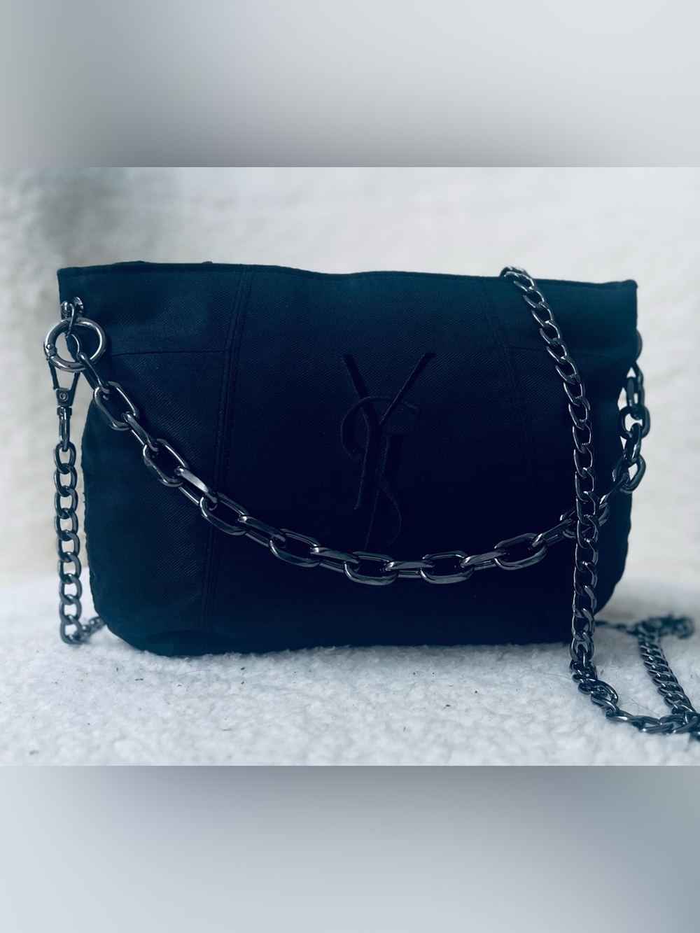 YSL Black Canvas Denim Upcycled Beauty to Shoulder Bag